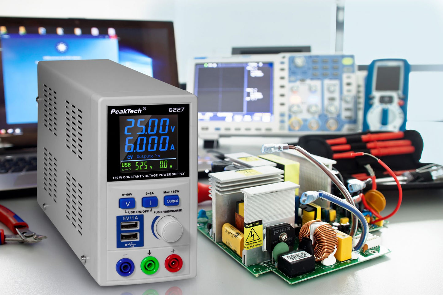Fuente de Alimentación Peaktech P 6227 DC 0-60V/0-6 A 2x USB