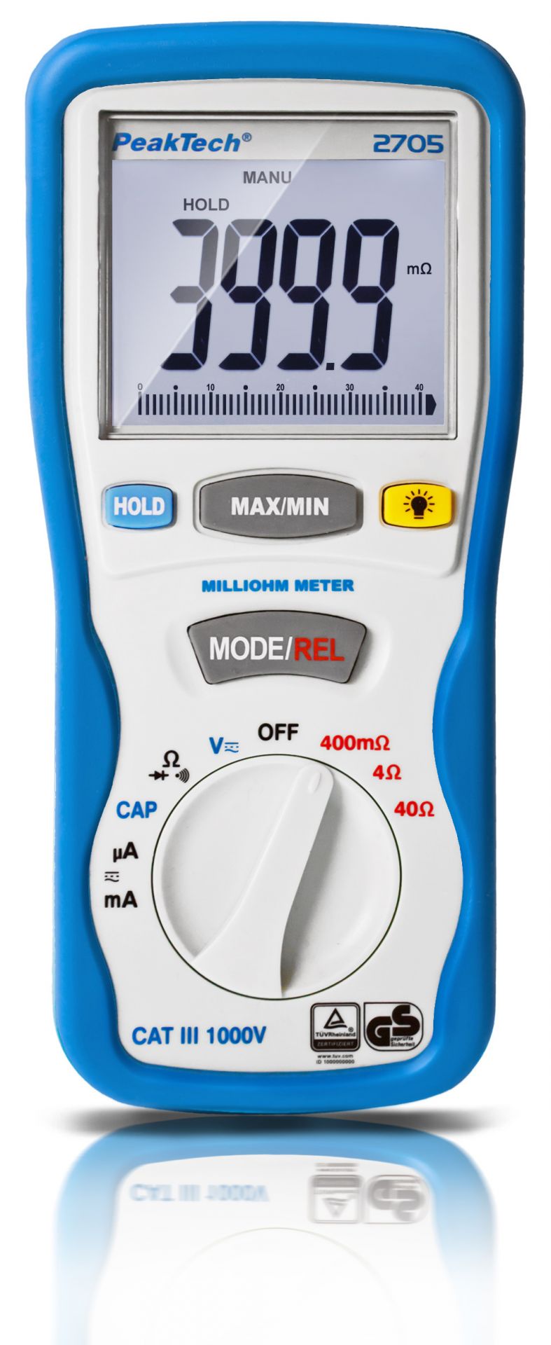 Milióhmetro digital Peaktech P2705, 4000 cuentas, 400 mΩ/4/40/Ω