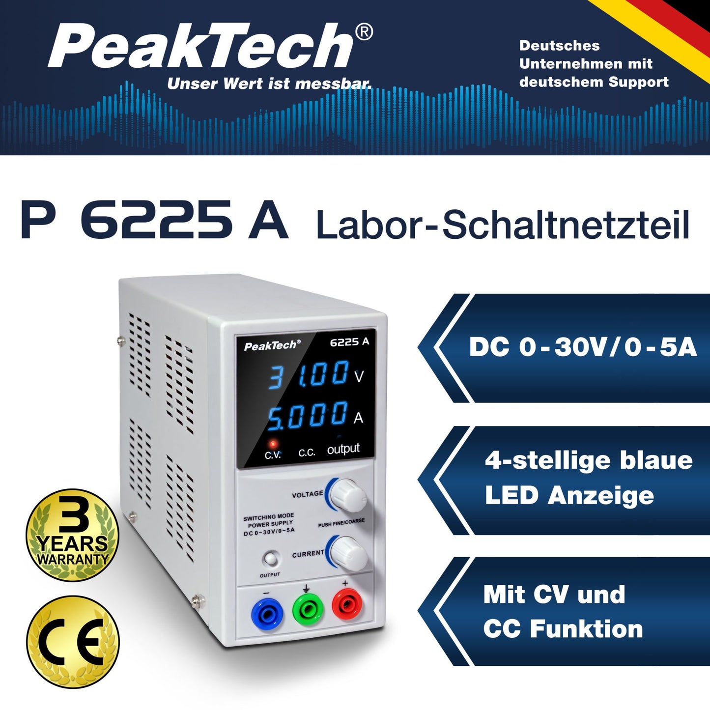 Fuente de Alimentación Digital DC 0-30V/0-5A Peaktech P 6225 A